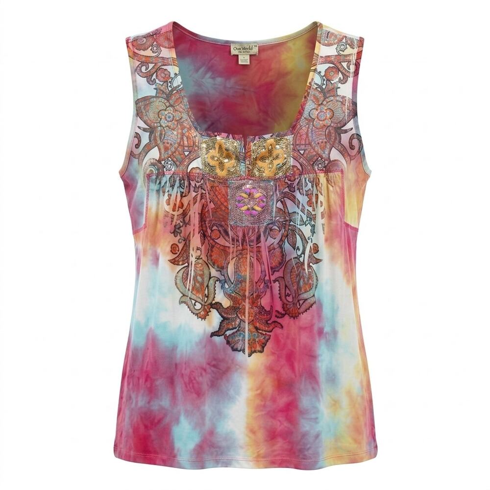One World Multicolor Sequin Scoop Neck Sleeveless Tank Top Women Size XL